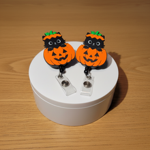 Load image into Gallery viewer, Halloween Cat Pumpkin badge reel
